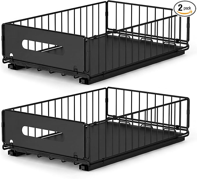 2 Pack Pull Out Cabinet Organizer, 15"" Depth Slide Out Pantry Drawer with Nano Adhesive (No Drilling), Heavy Duty Wire Basket for Kitchen, Under Sink, Bathroom, 9.44"" W x 3.54"" H, Black