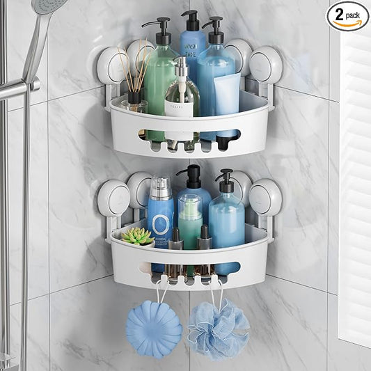 TAILI Suction Corner Shower Caddy, Bathroom Shelf Storage Basket Wall Mounted Organizer for Shampoo, Conditioner, Plastic Rack for Kitchen&Bathroom, Drill-Free Removable (2 Pack)