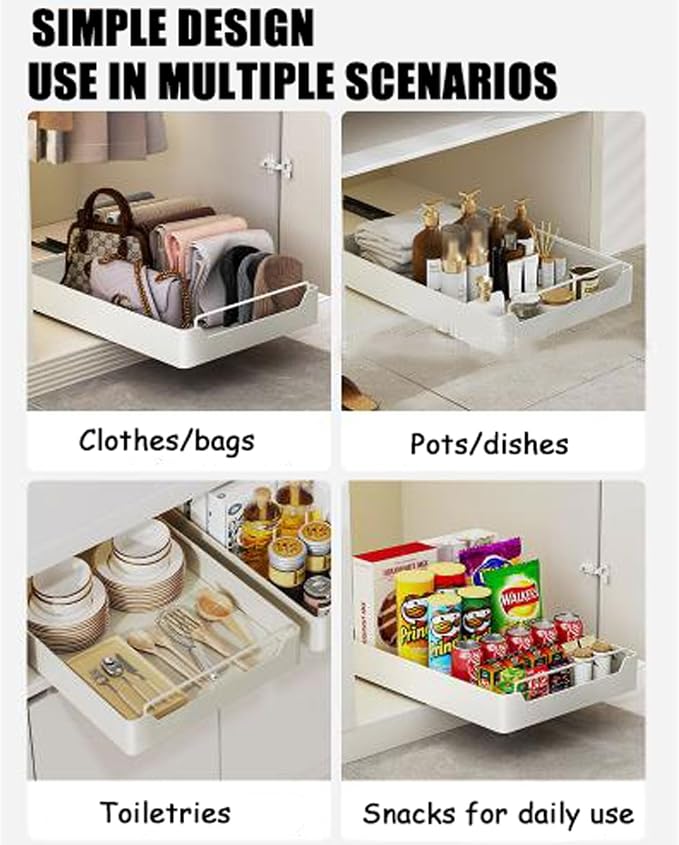 cupboardPull Out Drawer Kitchen Telescopic Drawer Retrofit Pull Slide Out Drawer with Handle Storage Shelves for Kitchen Cabinets with Adhesive Film Pull Out Drawer No Drilling