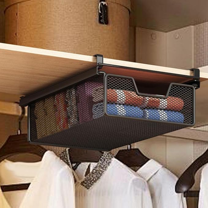 under Shelf Basket Black Decoration Space Saving Portable Hanging Pullout Drawer Basket Organizer for Cupboard Laundry Room, Length 37 cm