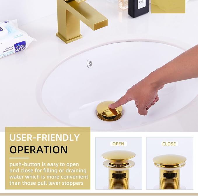 Angle Simple Bathroom Sink Drain Stopper Glossy Deep Titanium Gold Color, Brass Pop Up Sink Stopper with Overflow Hole for Sink with 1.61 to 2 Inches Drain Hole