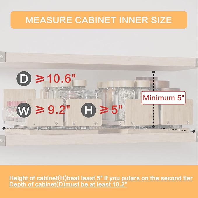 Bamboo Pull Out Spice Rack Organizer for Cabinet, 9"W x 10.6"D x 4.8"H Low Profile Pantry Vertical Organization with 2 Slide Out Drawers(4.3"w), Kitchen Storage for Spice Jars & Pantry Essentials