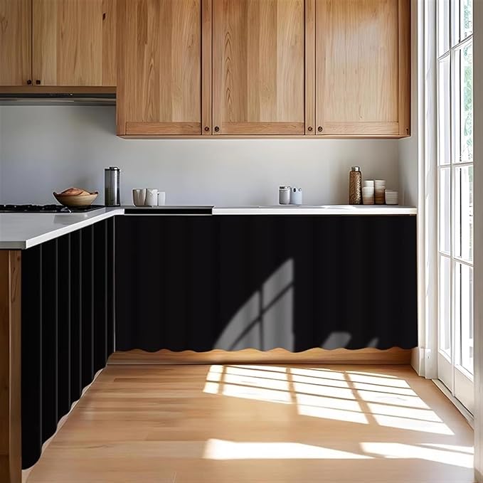Under Sink Curtain for Closet, Privacy Short Cabinet Curtain Self Stick Adhesive Desk Skirt for Kitchen Classroom, Black, 35" W x 28" L