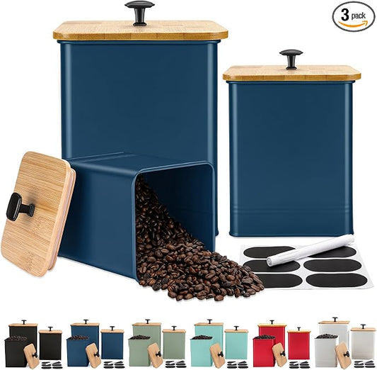 Kitchen Canisters Set of 3, Metal Flour Sugar Storage Containers with Airtight Lids-Canisters Sets for Kitchen with Customizable Chalkboard Labels & Marker Pen-Spice, Coffee Storage Jars(Dark Blue)