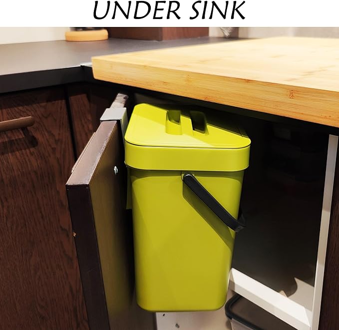 stonespace Small Cabinet Door Trash Can with Lid, 1.3Gal, Green | Compost Bin Indoor Kitchen Sealed, Under Sink Garbage Can, Plastic hanging trash can