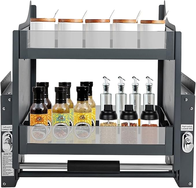 2-Tier Stainless Steel Pull-down Organizer, Ideal Slide out Spice Rack for Cabinet, Blind Corner Cabinet with 4 Baskets (Pull-down)
