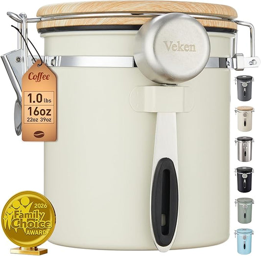Veken Coffee Canister, Airtight Stainless Steel Kitchen Food Storage Container with Date Tracker and Scoop for Beans, Grounds, Tea, Flour, Cereal, Sugar, Cookie, 16OZ, Cream