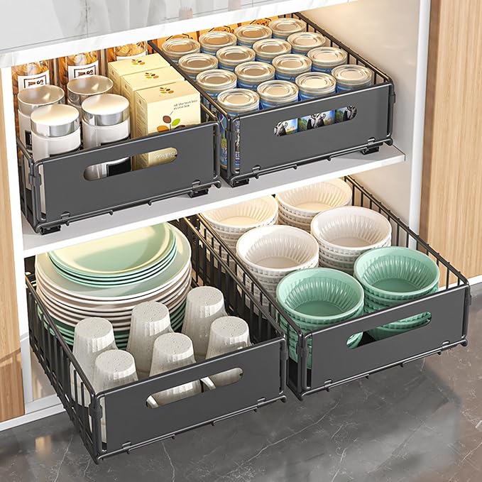 2Pcs Pull Out Cabinet Organizer, Pull out drawers for cabinets with EVA Adhesive Tape, Heavy Duty Sliding Kitchen Organizers and Storage, Suitable for Pantry, Bathroom, Bedroom BlackS