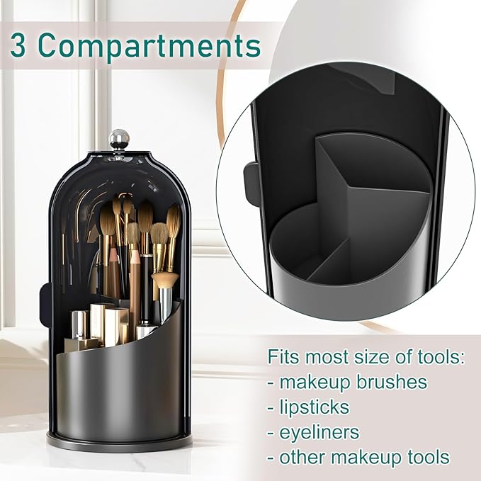 GAXmi Makeup Brush Holder with Lid Rotating Cosmetic Organizer, Dark Black | 360 Rotation, Waterproof, Dustproof, Moistureproof