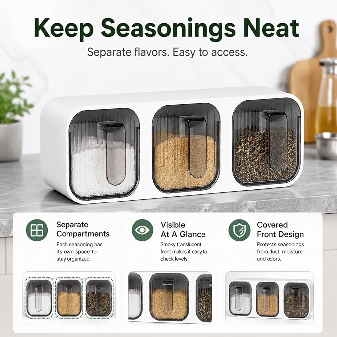 Wall Mounted Spice Box Organizer with Spoons, No Drill Kitchen Seasoning Containers for Salt Sugar Pepper, Pull Out Seasoning Storage Holder for Countertop Cabinet Pantry (Gray 3 Compartments)