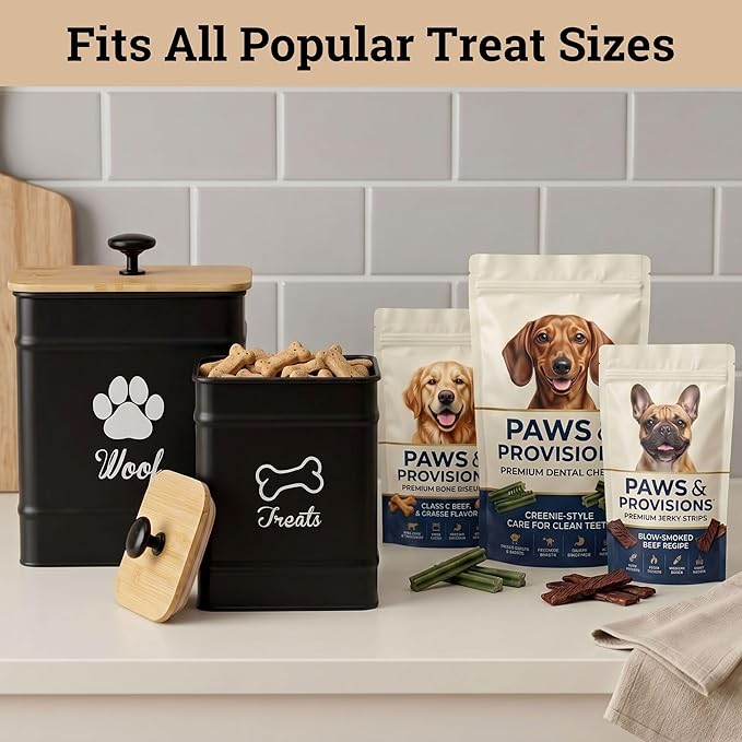 Dog Treat Container Airtight Set of 2 - 8x6 & 7x5 inch Iron Dog Treat Jars for Kitchen Counter with Airtight Bamboo Lids - 20 Cup Capacity Pet Treat Container Set - Doggie Cookie Jar - Treats Canister