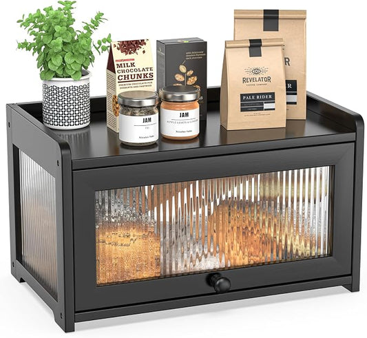 BAMBANG Bamboo Bread Box for Kitchen Countertop, Extra Large Farmhouse Bread Box with 4-Side Clear Panels, Wooden Bread Storage Container for Homemade Bread, Black