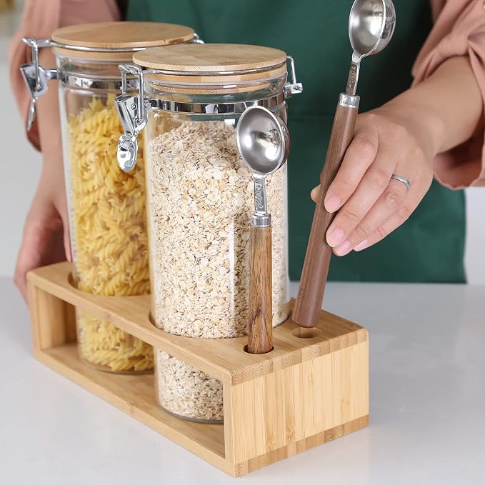 KKC Nut Storage Containers with and Scoops, 2 Pack (50 oz / 1.5L) - Glass Nut Jars with Bamboo Lids, Kitchen Counter Nut Storage for Almonds Cashews Walnuts