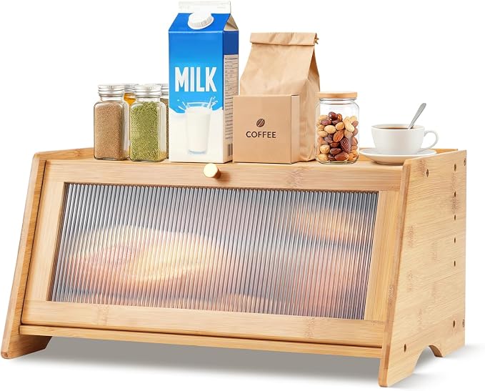 Bamboo Breadbox for Kitchen Countertop, Farmhouse Large Capacity Bread Container Storage Bin with Striped Window Door Panel, Vintage Bread Holder for Bagels, Muffins, Cupcakes & Cookies (Natural)