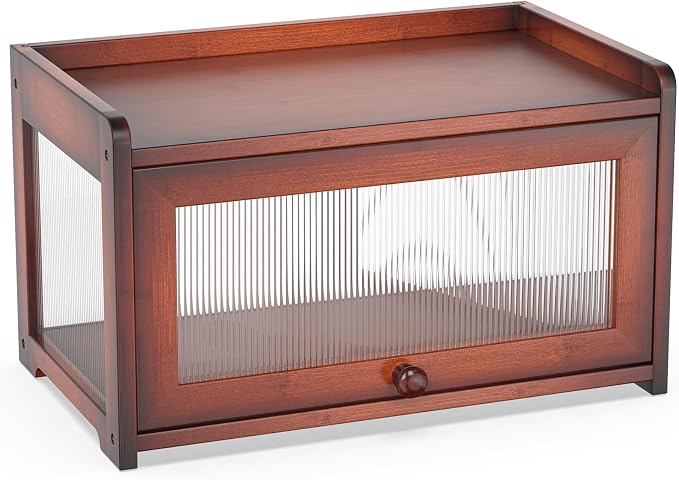BAMBANG Bamboo Bread Box for Kitchen Countertop, Extra Large Farmhouse Bread Box with 4-Side Clear Panels, Wooden Bread Storage Container for Homemade Bread, Brown