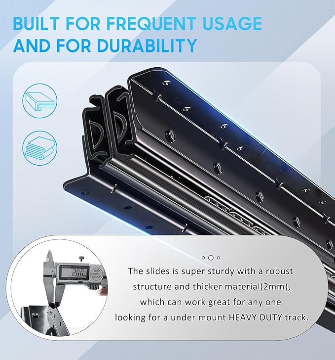 Undermount Heavy Duty Drawer Slides Rail Bottom Mounted Full Extension Hidden Drawer Runners Ball Bearing Glides Staircase Cupboard Cabinet Wardrobe