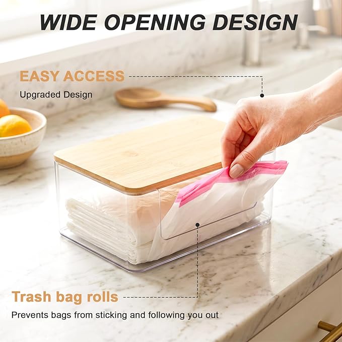 3 Pack Trash Bag Holder, Stackable Garbage Bag Dispenser with Bamboo Lid – Clear Plastic Organizer, Space-Saving Under Sink Storage for Kitchen, Laundry Room, Pantry & Cabinet