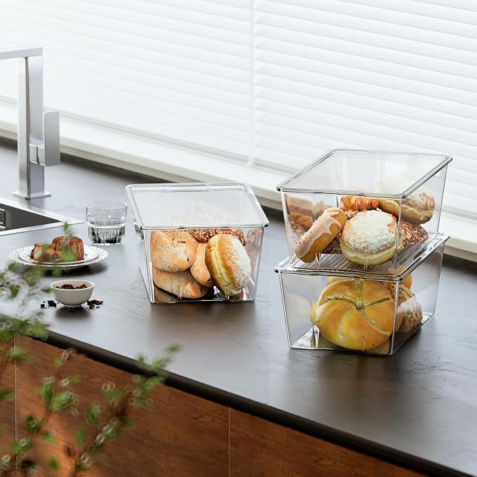 Hudgan 4 Pack Bread Box for Kitchen Countertop, Bread Storage Container with Lid for Bagel, Donut and Cookies, Clear Breadbox Keeper for Muffin