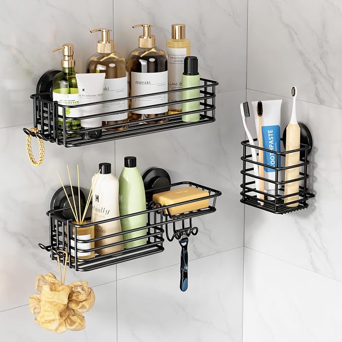 LEVERLOC Shower Caddy Suction Cup, 3 Pack Heavy Duty Bathroom Organizer for Inside Shower with Hooks & Soap Holder, Removable Bathroom Holder, Rustproof Black Storage