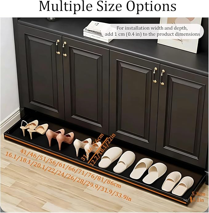 No-Drill Pull Out Drawer Shoe Rack Organizer,Damped Slide Rails Adjustable Width16-34 Inch, Push to Open Toe-Kick Shoe Rack for Cabinet Bottom(Black,20.1 * 12.2in)