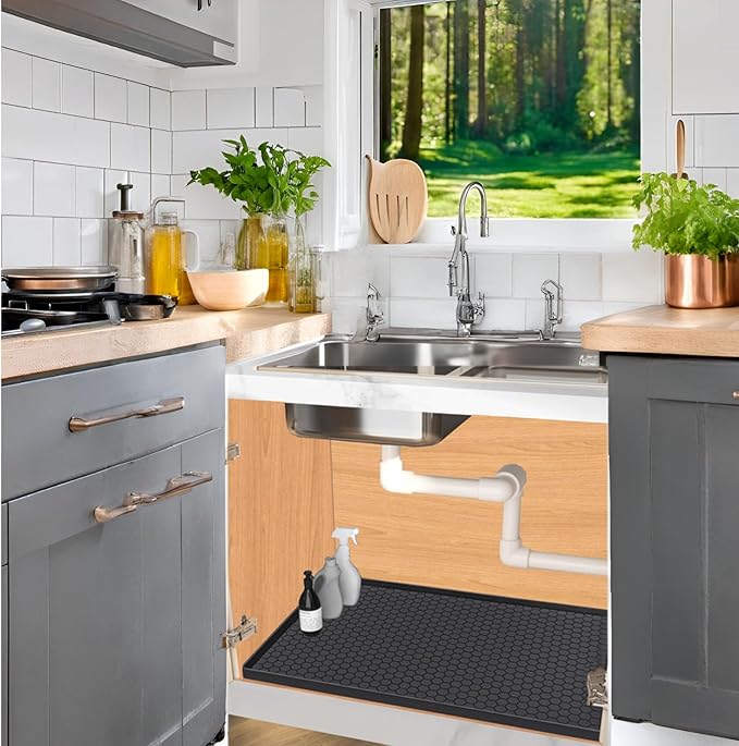 Under Sink Mat 25 x 22 for Kitchen Waterproof, Silicone Under Kitchen Sink Liner Mat, Easy to Clean Bathroom Cabinet Mat Organizers and Storage, Black