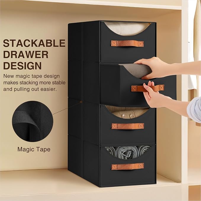 Homsorout Stackable Storage Drawers - Collapsible Storage Bins with Drawers, 6 Pack Closet Shelf Organizer Basket, Fabric Pull Out Organizer for Bedroom, Living Room, Dorm, Black