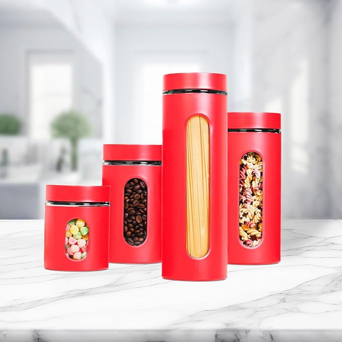 JS Gourmet 4 Pcs Stainless Steel Canisters Set for Kitchen with Glass Window and Airtight Lid, Perfect for Storing Coffee, Spaghetti, Sugar, Beans and Dry Ingredients (Red)