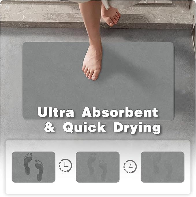 TYUU Bathroom Mat Quick Dry, Bathroom Rugs Non Slip Washable Thin Absorbent Bath Mat Fits Under Door Bathroom Floor Mat Perfect for Bath, Shower, or Sink 16"x24" Light Grey