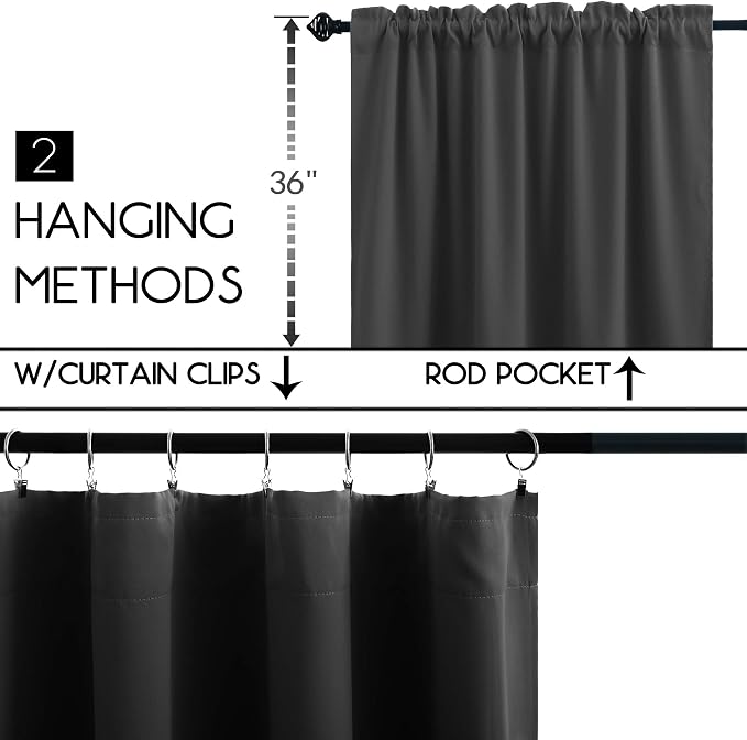 KOUFALL 52" W Short Blackout Cafe Curtains 36 Inch for Wide Small Window, Thermal Insulated Light Blocking Drapes for Cooling Kitchen Bedroom Summer Heat & UV, Dark Grey 52"x36" Length