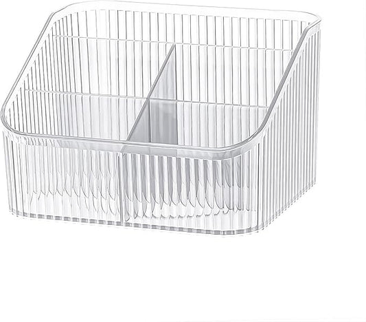 DASITON Large Capacity Makeup Brush Holder,5 Slot Makeup Brush Cup,Vintage striped Make Up Brush Holder,for Vanity Decor,Bathroom Countertops,Desk Storage Container,Cosmetic Display cases(Clear-L)