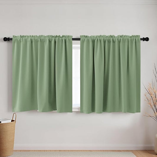KOUFALL Sage Green Small Curtains for Bathroom Windows Rod Pocket Storage Under Cabinet Covers for Kitchen 30 Inch Length