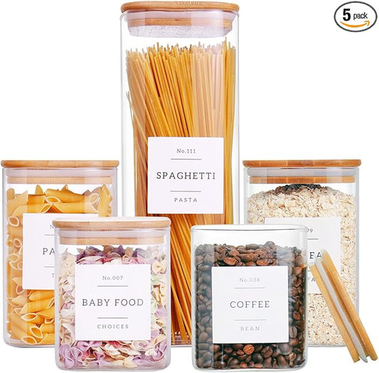 CZZGSM 5 Pack Square Glass Pantry Storage Containers with 132 Kitchen Food Pantry Labels - Clear Glass Jars with Airtight Wood Bamboo Lids - Glass Canisters for Cookies, Nuts, Cereal