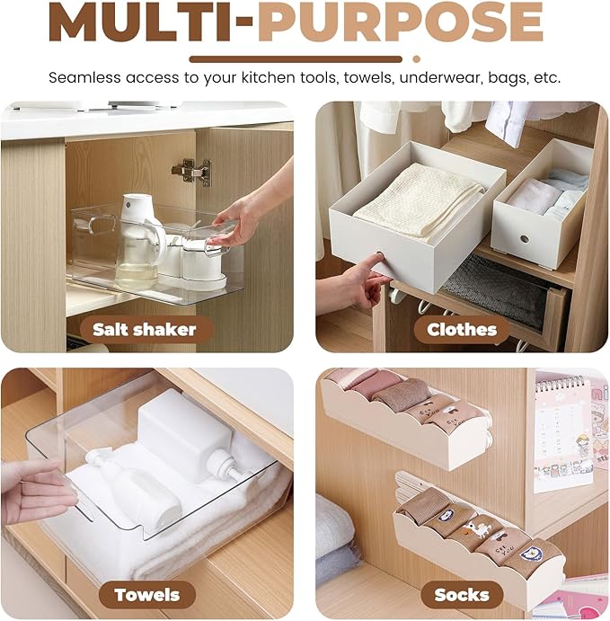 LELE LIFE Adhesive Pull Out Cabinet Drawer Sliders, Drawer Bin Organizer Sliding Rails Guides, No Drill DIY Basket Slides Bottom Mount for Shelf (8 Pack)