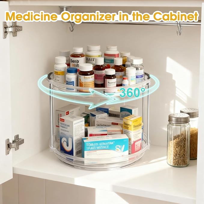 2 Tier Medicine Cabinet Organizer, Rotary Turntable Organizer for Medicine and Vitamin Bottles, Under Sink Organizer for Medicine, Bathroom Cabinet Storage, Easy Assembly, Transparent Clear