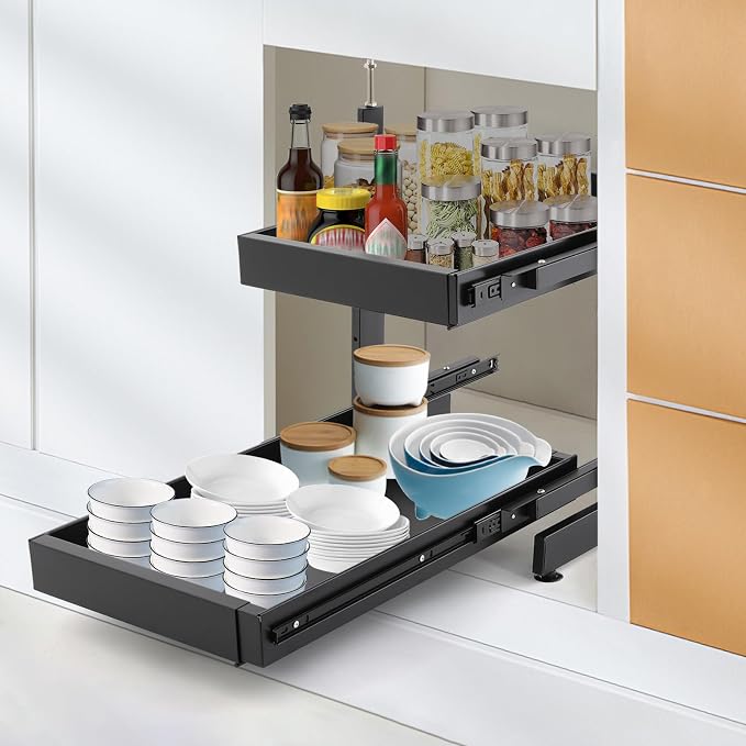 2-Tier Pull Out Cabinet Organizer, Slide Out Drawers with 2 Guide Rails, No Drill Pull Out Drawers Cabinets Shelves for Home Kitchen Pantry (Black)