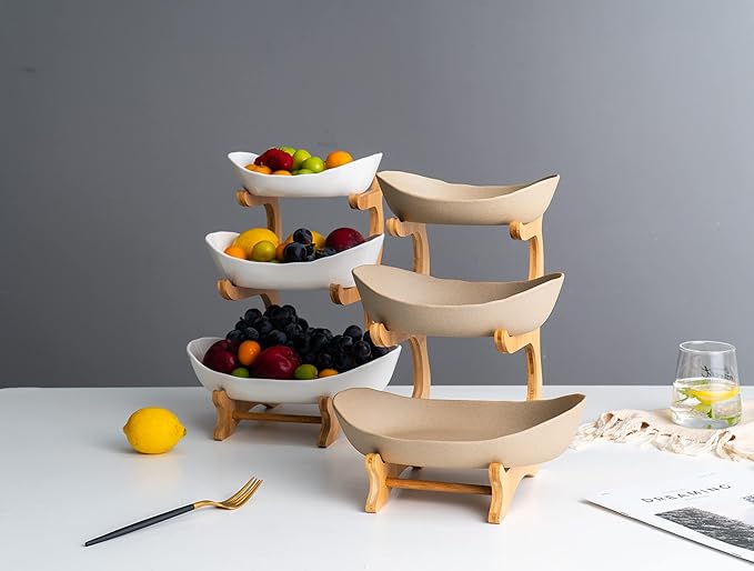 3 Tier Fruit Basket, Ceramic Fruit Bowl for Kitchen Counter, Home Fruit Bowl Set with Holder for Fruit Veggies Tray Snacks Nuts Bread Candy Storage Holder (Porcelain)