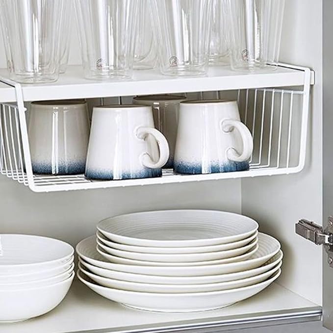 Go Hooked 12 Inch Undershelf Storage Basket Pack of 1 | Multipurpose Under Shelf Organizer | Hanging Wire Basket for Cabinet, Shelf, Pantry, Cupboard, Closet, Desk, and Bathroom (White)