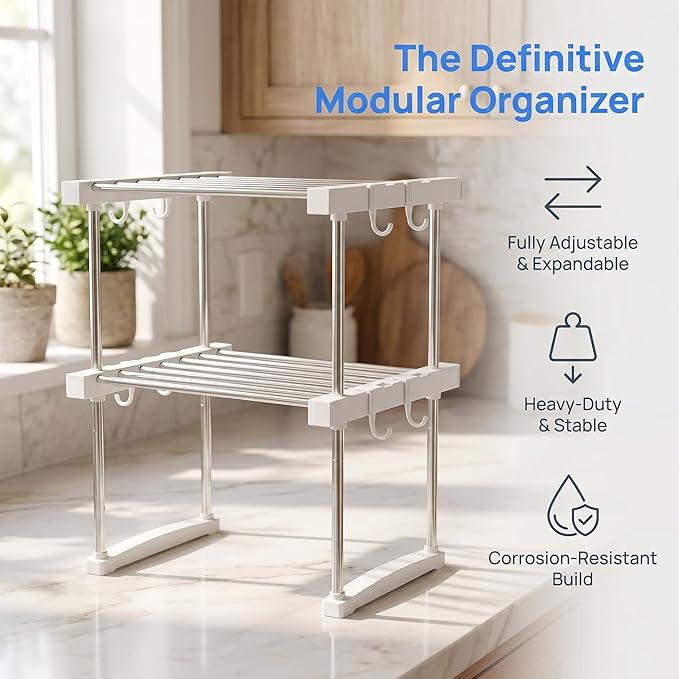 BLULEE Expandable Under Sink Organizer - 3D Adjustable Stackable Storage Shelves,Modular Cabinet Rack Around Pipes for Kitchen Bathroom
