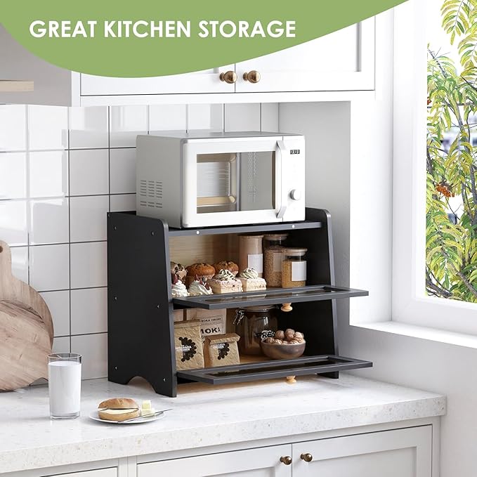 JANSNIMEN Large Bread Box for Kitchen Countertop, Double Layer Breadbox Bread Container Storage with Acrylic Door, Wooden Farmhouse Bread Holder (Black, Large-16.54" L x 9.84" W x 14.96" H)