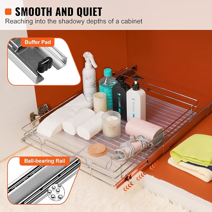 VEVOR 17" Wx21 Dx2.5 H Pull Out Cabinet Organizer, Heavy Duty Slide Out Pantry Shelves, Steel Roll Out Drawers, Sliding Drawer Storage for Home Under Sink, 19.5" Wx22 Dx7 H Install Size for Cabinet