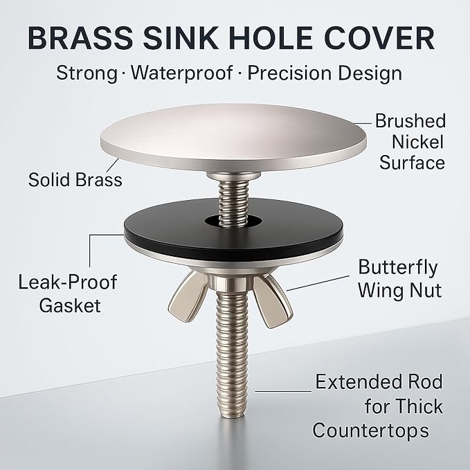 2 Pcs Solid Brass Kitchen Sink Hole Cover, 2 Inch Faucet Hole Cover, Brushed Nickel Finish Tap Hole Plate Stopper Cover, Countertop Hole Cover for Kitchen and Bathroom Sinks (Brushed Nickel)