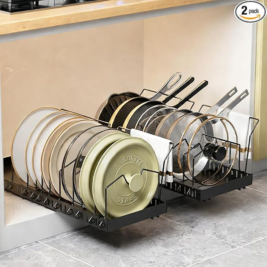 DTUQYX 2 Pack Pots and Pans Organizer Under Cabinet - Pull Out Pot and Pan Organizer Expandable Pot and Pan Lid Organizer with 10 Adjustable Dividers for Pot, Lid, Cutting Board, Dishes, Baking Tray