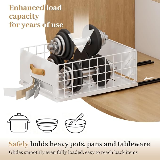 Pull Out Cabinet Organizer, No-Drill Pantry Drawers, Slide Out Shelves with Bamboo Risers for Lipped Cabinets,Ideal for Kitchen, Bathroom & Under Sink Storage (White, 11.8" Wide-15.7" Deep)