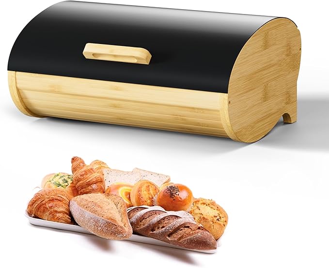 Modern Bread Box for Kitchen Countertop, Bamboo Storage Container with Stainless Steel Lid, Bread Storage Bin for Homemade Bread, Counter Organizer for Snack Tea Coffee Sugar (Black Large)
