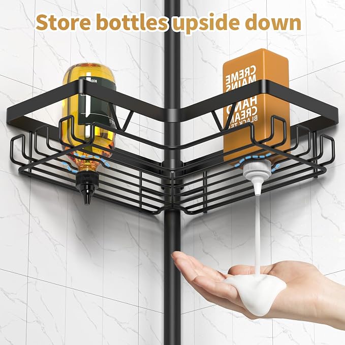 DAOYA Corner Shower Caddy + 2 Soap Holders, 4 Tier Shower Caddy Tension Pole Stainless Steel Black, Extends 25-114.2 Inches, for Bathroom Organizers and Storage, Renter-Friendly and Gift Idea