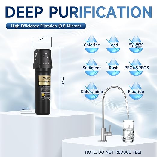 AQUALTRA USF01-BK Under Sink Water Filter System, 12K Gal, NSF/ANSI/CAN 372 Certified, Reduces PFOA, PFOS, Chlorine, Lead, Mercury, Chloramine, Fluoride, Microplastics Particles, Bad Taste & Odor