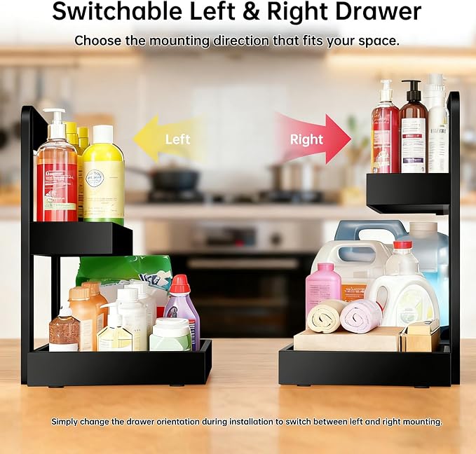 2-Tier Under Sink Pull Out Organizer, Bamboo Cabinet Storage Shelf with Adjustable Height, Slide Out for Kitchen Bathroom Pantry (Black, 1 Pack)