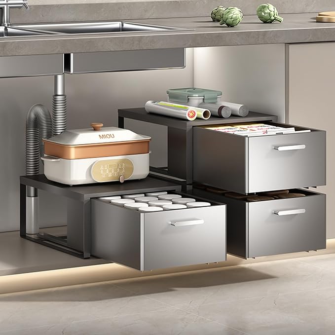 No Drill Pull Out Cabinet Organizer, 4 Pack Slide Out Drawer with Nano Film Fixed, Heavy Duty Sliding Pantry Storage Drawer-Gray-50x41x17.2cm