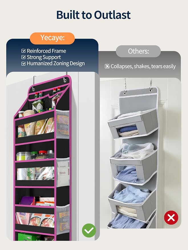 Yecaye 5 Tier 1Pc Over the Door Organizer, Stuffed Animal Storage with Clear PVC Windows, Door Organizer Hanging for Bedroom Nursery Closet Dorm Room Laundry Pantry Bathroom, Black and Pink, 1 Pack