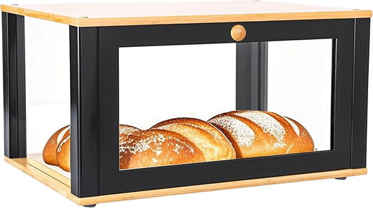 ETMI Bamboo Bread Box for Kitchen Countertop - Large Black Bread Box Pastry Display case(Classic style)